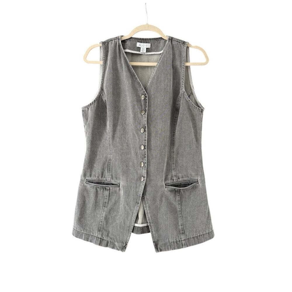 ALIGNE Quinn Grey Denim Waistcoat Elevated Tailored Longline V-Neck Vest US 10